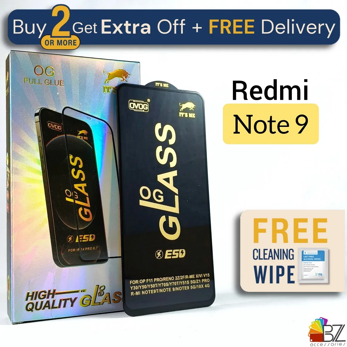 1-5 Pcs - Redmi Note 9 - OG Gorilla Glass Screen Protector- Premium Quality - Extra Smooth touch - With Cleaning Wipe