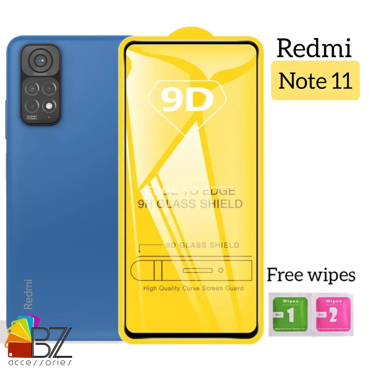 Redmi Note 11 - 9D Tempered Glass Screen Protector Full Coverage 6.43 Inch, 9H Hardness, Anti-Scratch, Anti-Fingerprint, with Cleaning Wipe
