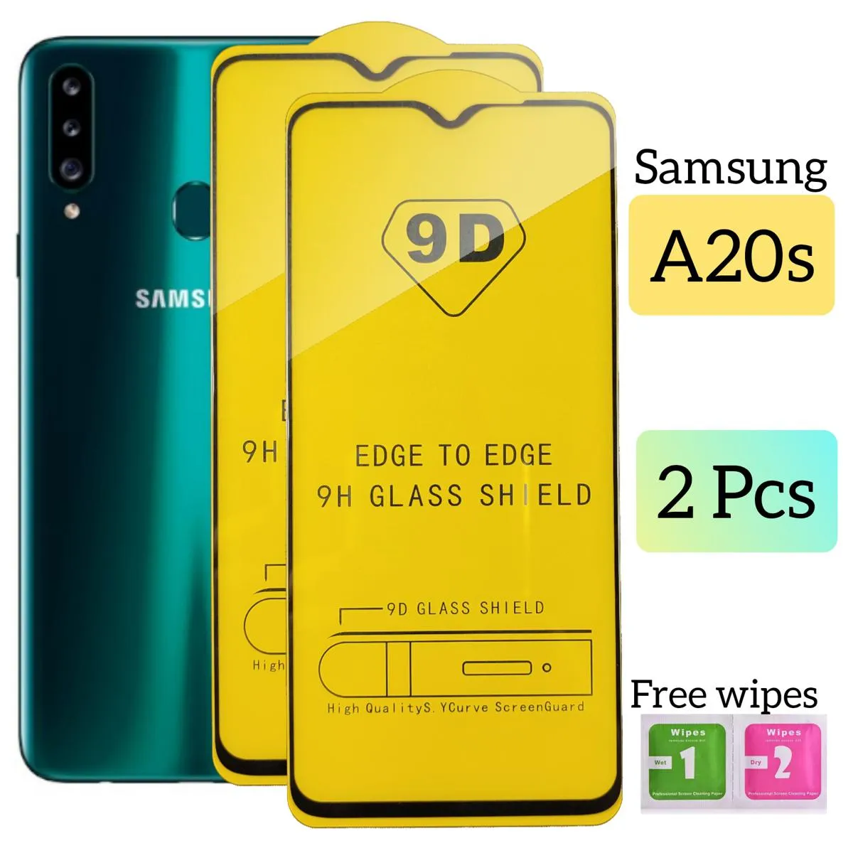 Pack of 02 - Samsung Galaxy A20s - 100% Original Full coverage Tempered Glass screen Protector- Full Glue- with Cleaning Wipes