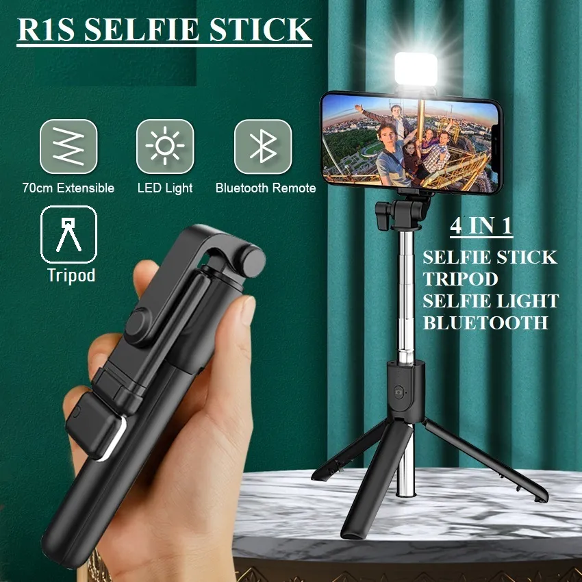 4 IN 1 R1S Selfie Stick Bluetooth Remote Desktop Stand Portable Stretchable Holder Anti-Shake Stabilizer Mobile Holder Handle Retractable Portable Multi-functional Cellphone Grip Holder Tripod Stand for Mobile Phone Self-Timer With LED Light