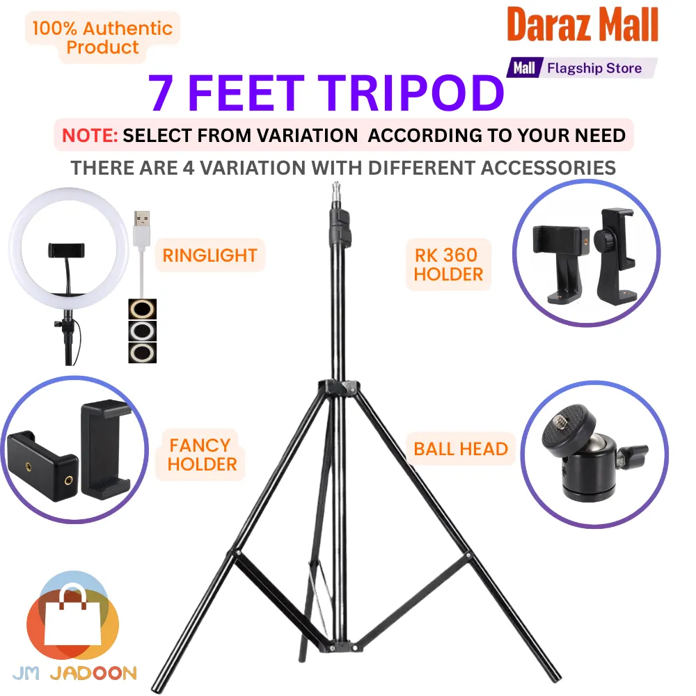 7feet Aluminium Tripod Stand / Mobile Holder / Ball Head Mobile Camera Holder Adjustable Portable for Mobile Phone & DSLR Camera Projector Softbox Select from Variation Accordingly-Black