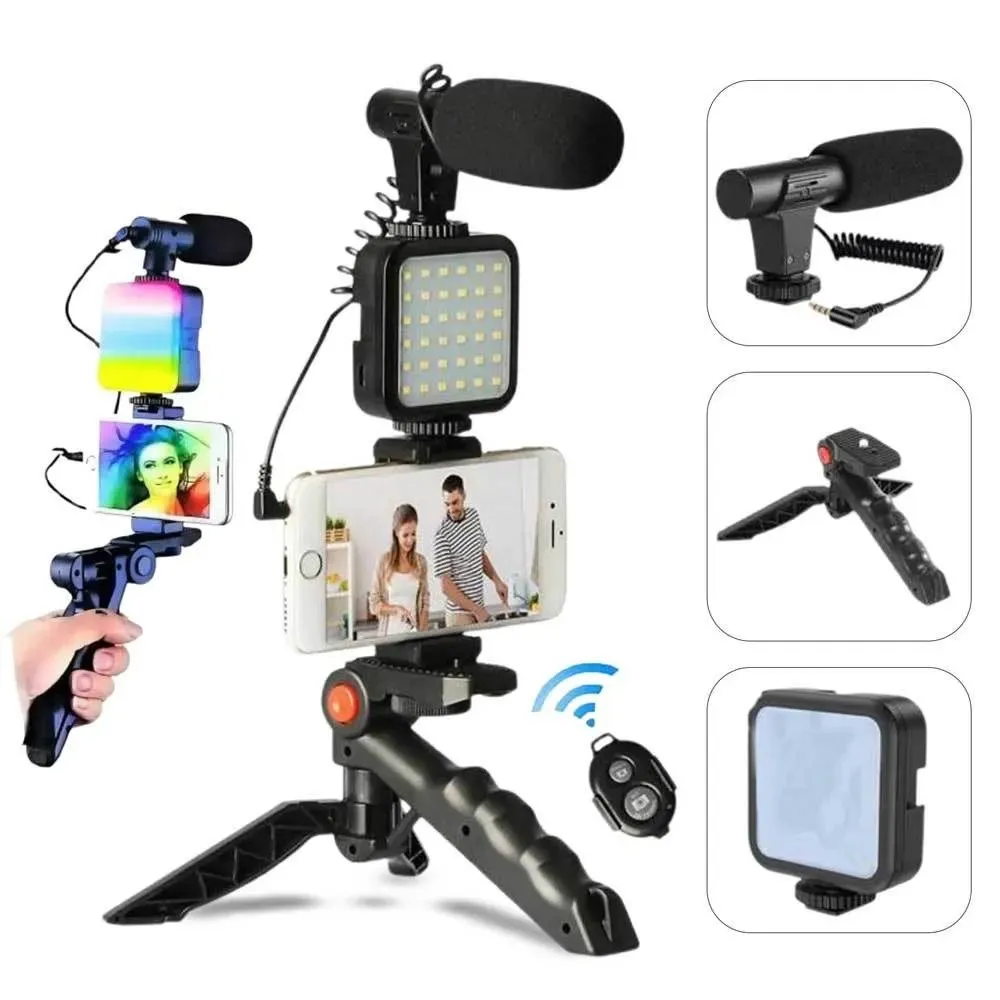 Vloging Video Making AY49 for Smartphone and Camera Vlogging Video Making Kit RGB Studio Kits Video Recording Photography Suit with Microphone LED Fill Light Mini Tripod Kit With Remote