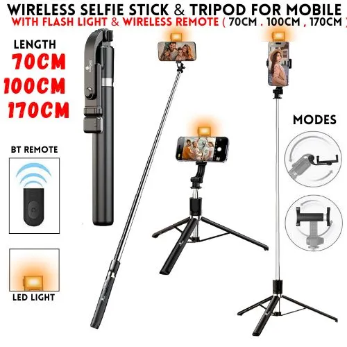 4 in 1 Wireless Selfie Stick & Tripod With Light - 100cm / 170cm With & Without Light - Tripod, Selfie Stick, Selfie Light, Bluetooth Shutter - Foldable & Portable For All Mobile Phones With Detachable Charging Cable - Black