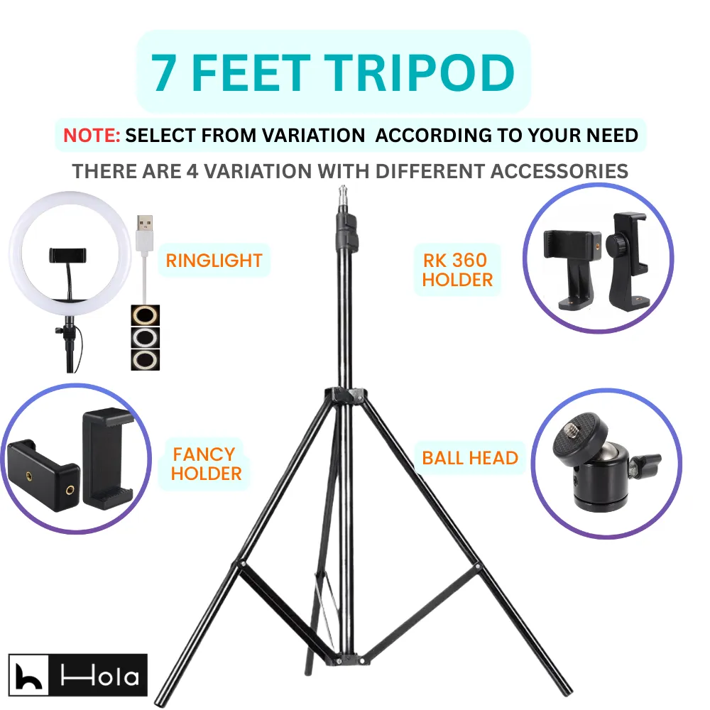 HOLA  Tiktok Videos 7 Feet Aluminum Tripod Stand With Mobile Phone Holder For DSLR and Ring Light - Black It Only Takes landscape Picture Videos if you want to rotate please order ball head with it