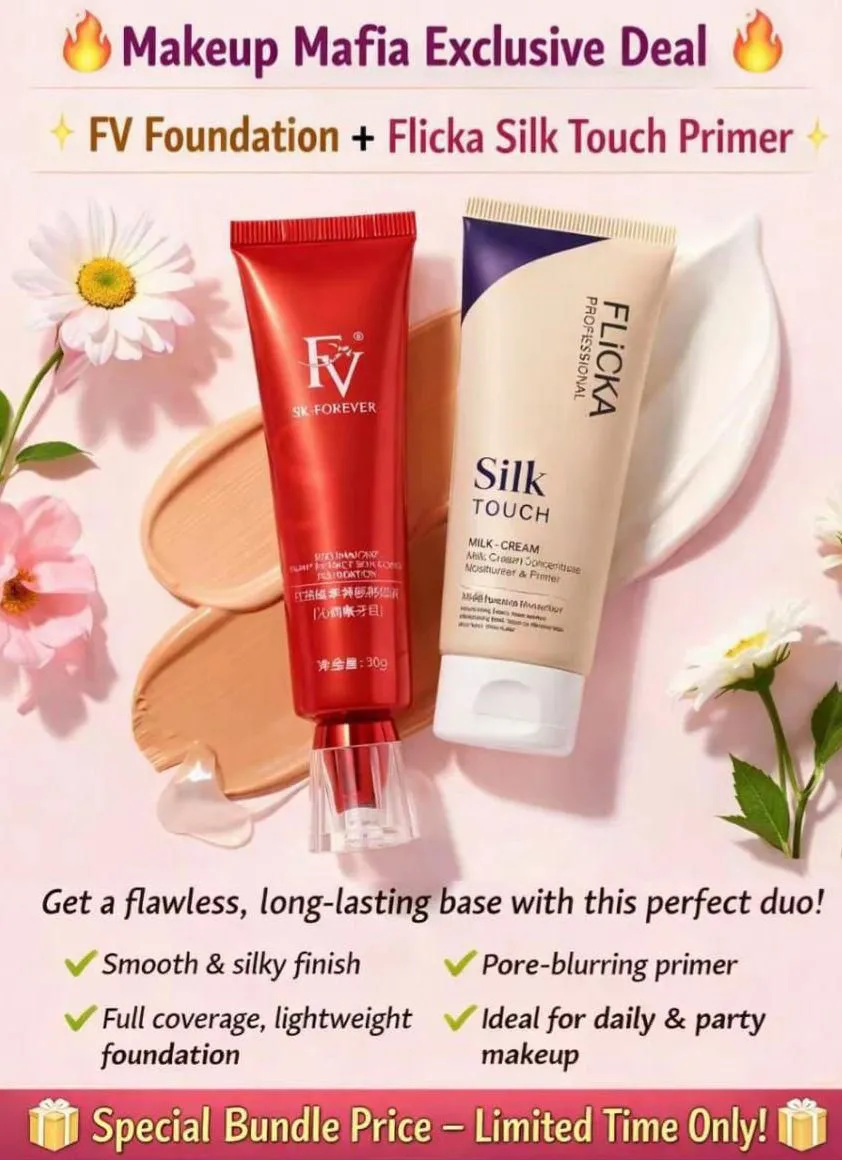 Flicka Silk Touch Primer + FV Foundation Flicka Silk Touch Primer | Flawless Makeup Base Combo | Lightweight Full Coverage Foundation & Hydrating Pore‑Blurring Primer | Long‑Lasting Smooth Finish | Suitable for All Skin Types | Cruelty‑Free Beauty Set
